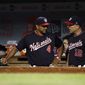 Washington Nationals manager Dave Martinez, left, and bench coach Chip Hale speak in the dugout during a baseball game against the New York Mets, Tuesday, Sept. 3, 2019, in Washington. (AP Photo/Patrick Semansky)