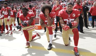 FILE - San Francisco 49ers outside linebacker Eli Harold, left, quarterback Colin Kaepernick, center, and safety Eric Reid kneel during the national anthem before an NFL football game against the Dallas Cowboys in Santa Clara, Calif., Sunday, Oct. 2, 2016. From gambling suspensions of Paul Hornung and Alex Karras in the 1960s to Colin Kaepernick and other players kneeling during the national anthem, the NFL always seems to overcome controversies. (AP Photo/Marcio Jose Sanchez, File)
