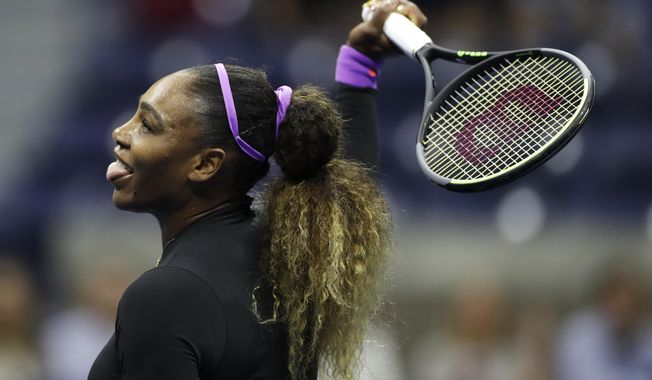 Serena Williams, of the United States, reacts after a shot to Elina Svitolina, of Ukraine, during the semifinals of the U.S. Open tennis championships Thursday, Sept. 5, 2019, in New York. (AP Photo/Adam Hunger)