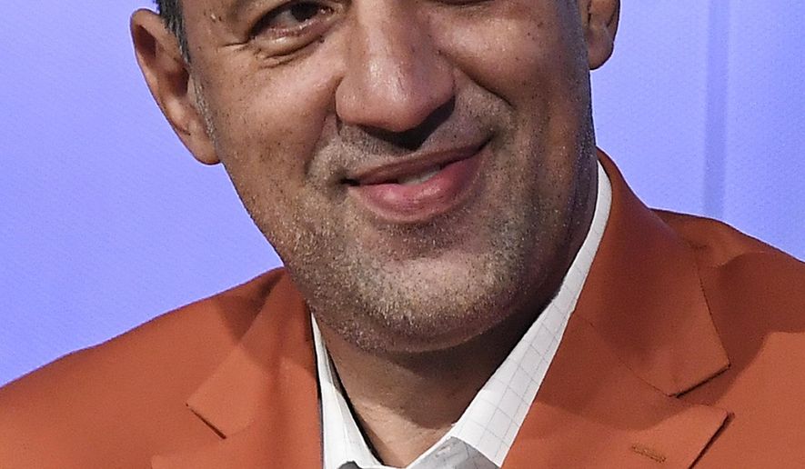 Class of 2019 inductee Vlade Divac attends a news conference at the Naismith Memorial Basketball Hall of Fame, Thursday, Sept. 5, 2019, in Springfield, Mass. (AP Photo/Jessica Hill)