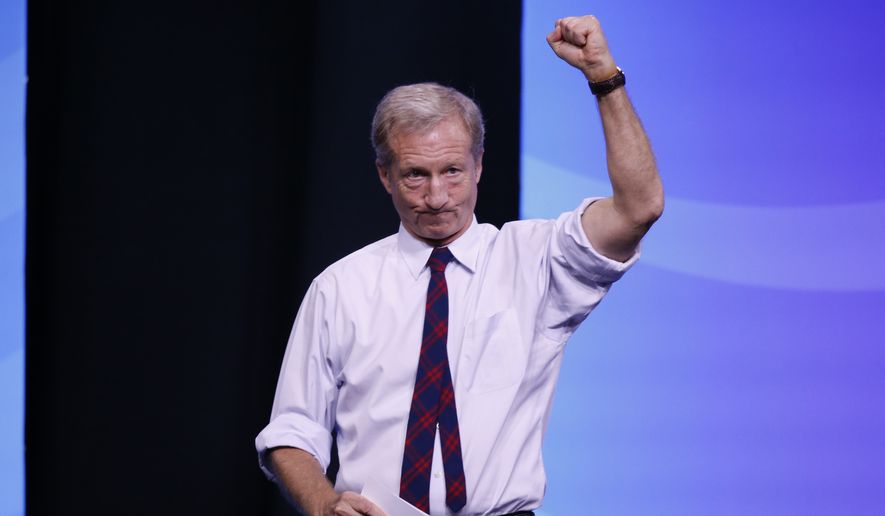 Businessman Tom Steyer acknowledges the crowd during the New Hampshire state Democratic Party convention, Saturday, Sept. 7, 2019, in Manchester, NH. (AP Photo/Robert F. Bukaty)