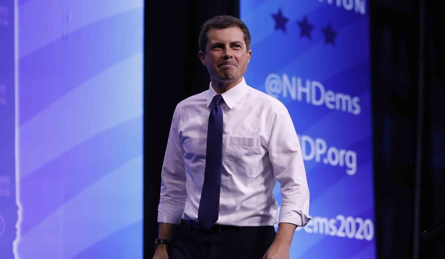 Democratic presidential candidate South Bend, Ind., Mayor Pete Buttigieg leaves the stage after speaking at the New Hampshire state Democratic Party convention, Saturday, Sept. 7, 2019, in Manchester, NH. (AP Photo/Robert F. Bukaty)