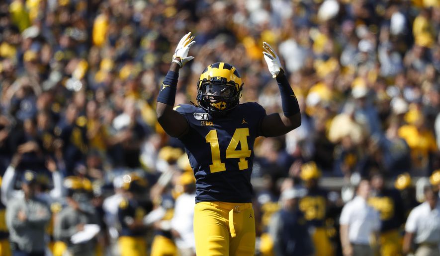 Michigan defensive back Josh Metellus reacts during overtime in an NCAA college football game against Army in Ann Arbor, Mich., Saturday, Sept. 7, 2019. Michigan won 24-21 in double-overtime. (AP Photo/Paul Sancya)