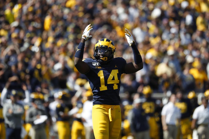 Michigan defensive back Josh Metellus reacts during overtime in an NCAA college football game against Army in Ann Arbor, Mich., Saturday, Sept. 7, 2019. Michigan won 24-21 in double-overtime. (AP Photo/Paul Sancya)