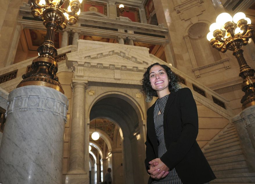 This photo taken Aug. 29, 2019, shows attorney Jessica Miraglia in Wilkes-Barre, Pa. More than 12 years since Miraglia completed the drug-treatment program of Luzerne County Treatment Court, the young lawyer has finally gathered the courage to publicly talk about her journey from being an addict to becoming an attorney. (Mark Moran /The Citizens' Voice via AP)