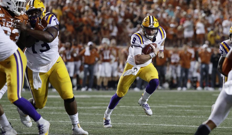 LSU quarterback Joe Burrow (9) runs against Texas during the first half of an NCAA college football game Saturday, Sept. 7, 2019, in Austin, Texas. (AP Photo/Eric Gay)