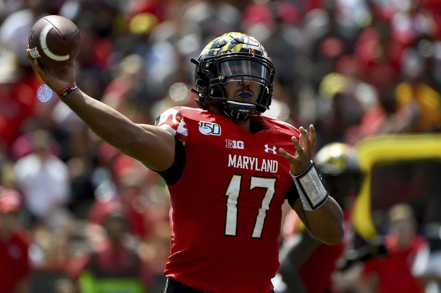 Maryland quarterback Josh Jackson (17) passes the football during the first half of an NCAA college football game against Syracuse, Saturday, Sept. 7, 2019, in College Park, Md. (AP Photo/Will Newton) ** FILE **