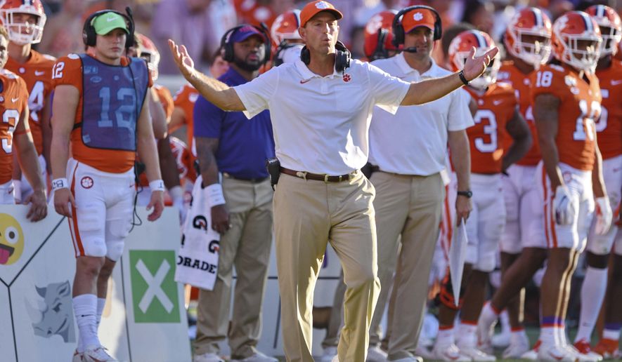 Clemson head coach Dabo Swinney reacts to a call during the second half of an NCAA college football game against Texas A&M Saturday, Sept. 7, 2019, in Clemson, S.C. (AP Photo/Richard Shiro)