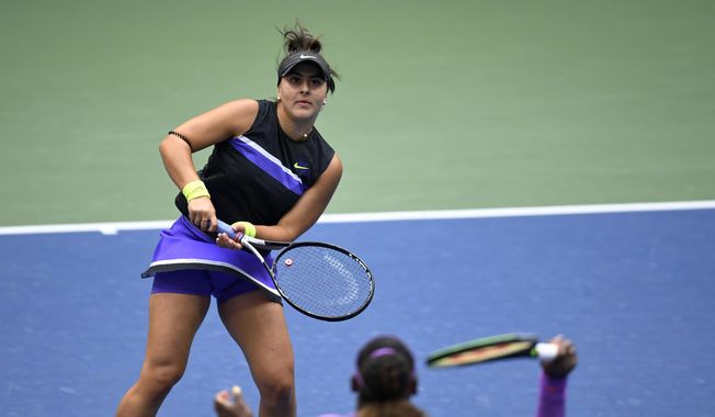 Bianca Andreescu, of Canada, waits for the return from Serena Williams, of the United States,during the women&#x27;s singles final of the U.S. Open tennis championships Saturday, Sept. 7, 2019, in New York. (AP Photo/Sarah Stier)