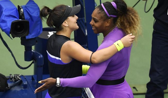 Serena Williams, of the United States, right, congratulates Bianca Andreescu, of Canada, after Andreescu won the women&#x27;s singles final of the U.S. Open tennis championships Saturday, Sept. 7, 2019, in New York. (AP Photo/Sarah Stier)