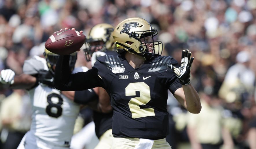 Purdue quarterback Elijah Sindelar (2) throws against Vanderbilt during the first half of an NCAA college football game in West Lafayette, Ind., Saturday, Sept. 7, 2019. (AP Photo/Michael Conroy)