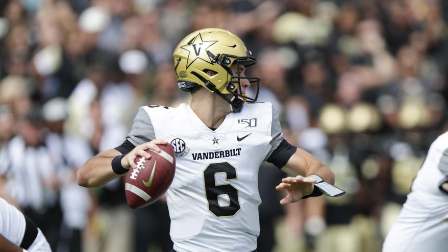 Vanderbilt quarterback Riley Neal (6) throws against Purdue during the first half of an NCAA college football game in West Lafayette, Ind., Saturday, Sept. 7, 2019. (AP Photo/Michael Conroy)