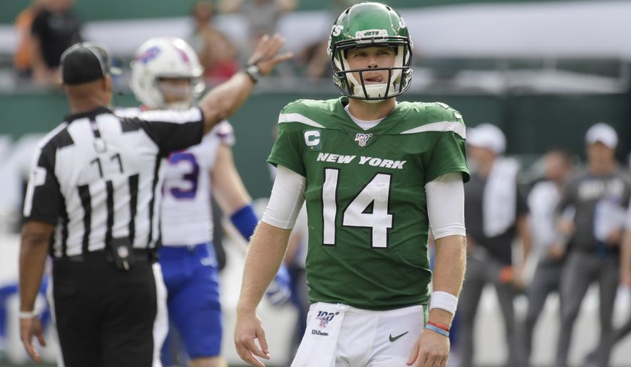 New York Jets quarterback Sam Darnold (14) reacts during the second half of an NFL football game against the Buffalo Bills Sunday, Sept. 8, 2019, in East Rutherford, N.J. The Bills won 17-16. (AP Photo/Bill Kostroun) ** FILE **