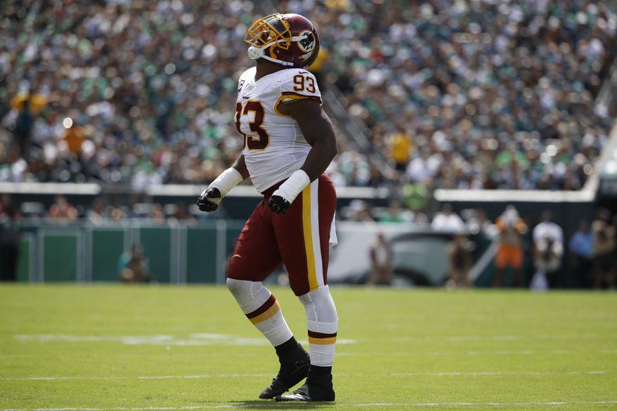 Washington Redskins' Jonathan Allen in action during the first half of an NFL football game against the Philadelphia Eagles, Sunday, Sept. 8, 2019, in Philadelphia. (AP Photo/Matt Rourke)