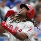 Philadelphia Phillies&#39; Maikel Franco (7) reacts running down the third base line after hitting a two-run, home run during the sixth inning of a baseball game against the New York Mets, Sunday, Sept. 8, 2019, in New York. (AP Photo/Kathy Willens)