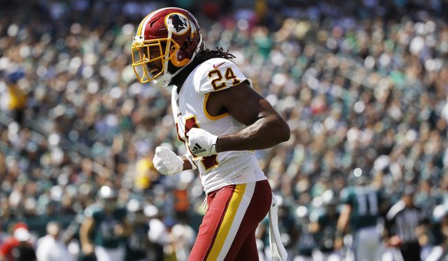 Washington Redskins&#x27; Josh Norman reacts after a stop during the first half of an NFL football game against the Philadelphia Eagles, Sunday, Sept. 8, 2019, in Philadelphia. (AP Photo/Matt Rourke) ** FILE **
