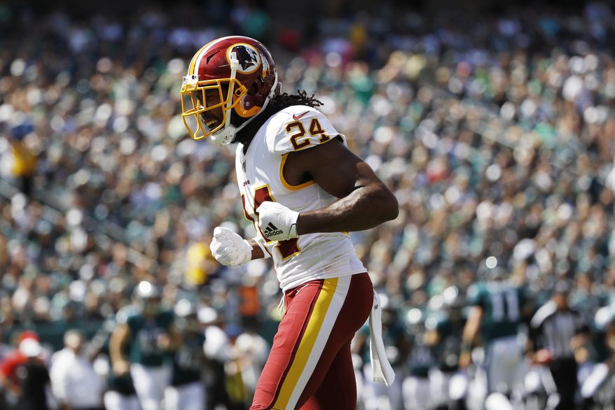 Washington Redskins&#39; Josh Norman reacts after a stop during the first half of an NFL football game against the Philadelphia Eagles, Sunday, Sept. 8, 2019, in Philadelphia. (AP Photo/Matt Rourke) ** FILE **