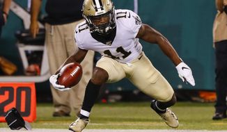 FILE - In this Aug. 24, 2019, file photo, New Orleans Saints&#39; Deonte Harris (11) runs during the first half of a preseason NFL football game against the New York Jets, in East Rutherford, N.J. Saints rookie Deonte Harris wanted to believe his record-setting career as a return man at the Division II level of college football would translate in the NFL. It sure looked that way during the preseason, particularly on his 78-yard punt return touchdown against the New York Jets. Now the 5-foot-6, 170-pound Harris, who left college as NCAA’s all-time leader in combined kick and punt returns for touchdowns with 14, is set to make his NFL debut before a national TV audience against the Houston Texans on Monday night. (AP Photo/Noah K. Murray, File)