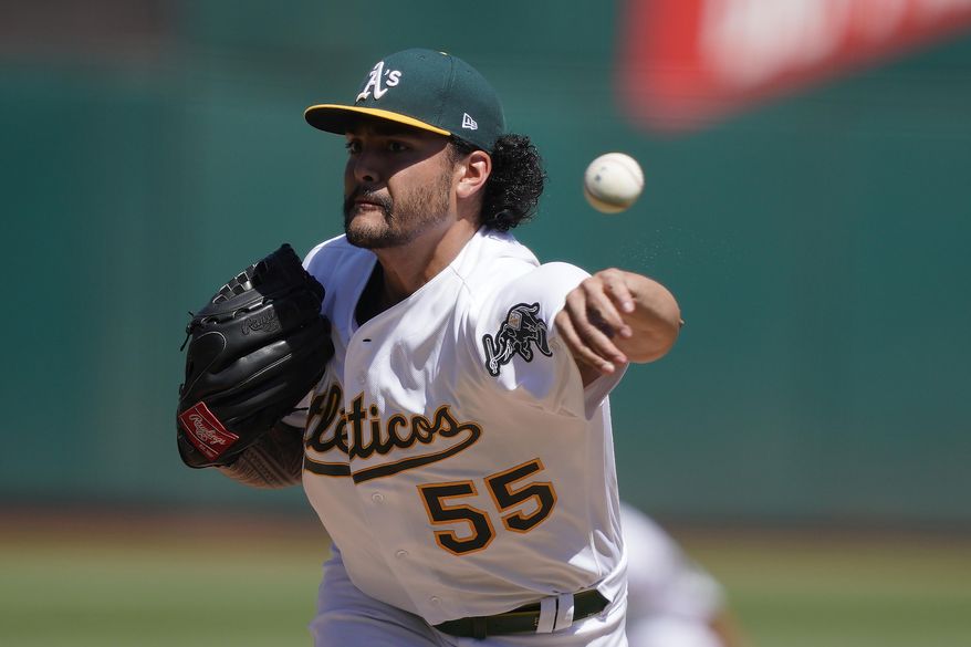 Oakland Athletics pitcher Sean Manaea works against the Detroit Tigers during the first inning of a baseball game Sunday, Sept. 8, 2019, in Oakland, Calif. (AP Photo/Ben Margot)