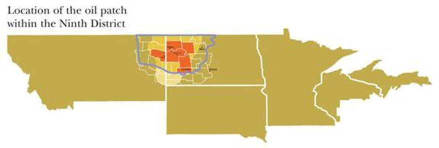 The Bakken Formation, which contains oil-bearing shale more than a mile underground, stretches from North Dakota and Montana into Canada. Illustration courtesy of Federal Reserve Bank of Minneapolis (minneapolisfed.org).