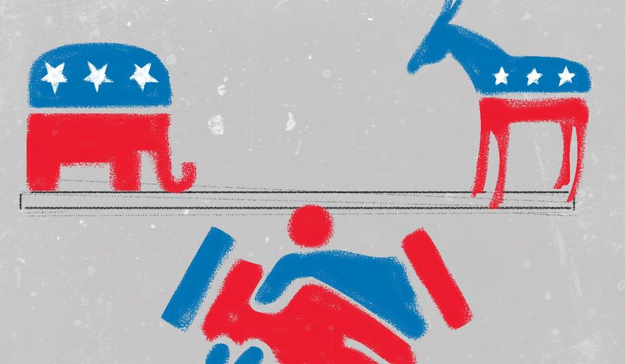 Illustration on amity between left and right as a foundation for progress by Linas Garsys/The Washington Times