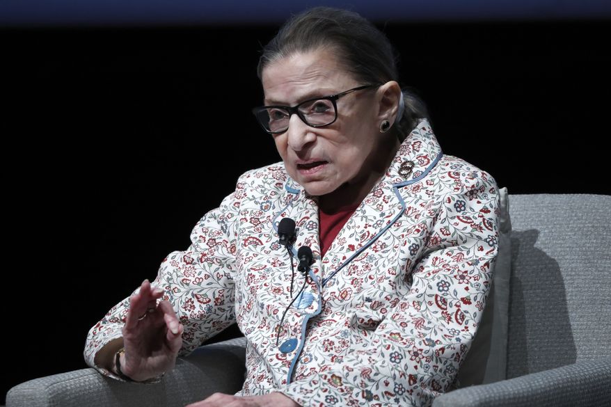 Supreme Court Justice Ruth Bader Ginsburg responds to a question during her visit to the University of Chicago for a conversation with Harris School of Public Policy dean, Katherine Baicker Monday, Sept. 9, 2019, in Chicago. (AP Photo/Charles Rex Arbogast)