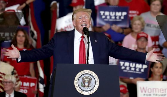 President Donald Trump speaks at a campaign rally in Fayetteville, N.C., Monday, Sept. 9, 2019. (AP Photo/Chris Seward)