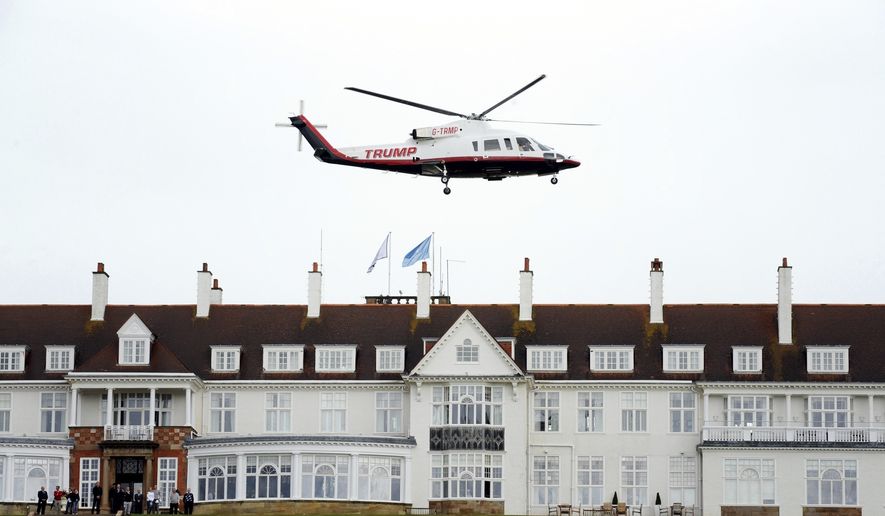 In this Aug. 1, 2015, file photo, then-presidential candidate Donald Trump leaves by his helicopter on the third day of the Women&#39;s British Open golf championship at the Turnberry golf course in Turnberry, Scotland. The Air Force is reviewing how crews on international travel choose airports and hotels after one crew recently spent a night at a Trump resort in Scotland. An Air Force spokesman said Monday, Sept. 9, that an initial review of the March stopover in Scotland in which the crew stayed at the Trump Turnberry golf resort adhered to all official guidance and procedures. Brig. Gen. Ed Thomas adds, however, that while lodging at higher-end hotels might be allowable, it might not always be advisable. (AP Photo/Scott Heppell, File)