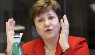 FILE - In a Wednesday, March 7, 2018 file photo, World Bank Chief Executive Officer Kristalina Georgieva speaks during a panel at the European headquarters of the United Nations in Geneva, Switzerland. Georgieva is in line to become the next head of the International Monetary Fund after the organization said Monday, September 9, 2019 Kristalina Georgieva is the one nominated for the job.(Salvatore Di Nolfi/Keystone via AP, File)