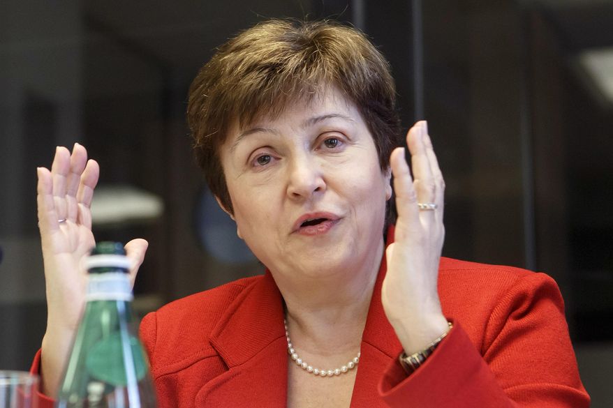 FILE - In a Wednesday, March 7, 2018 file photo, World Bank Chief Executive Officer Kristalina Georgieva speaks during a panel at the European headquarters of the United Nations in Geneva, Switzerland. Georgieva is in line to become the next head of the International Monetary Fund after the organization said Monday, September 9, 2019 Kristalina Georgieva is the one nominated for the job.(Salvatore Di Nolfi/Keystone via AP, File)