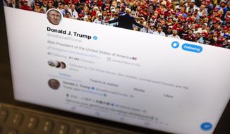 This June 27, 2019, file photo President Donald Trump&#39;s Twitter feed is photographed on an Apple iPad in New York.  (AP Photo/J. David Ake, File)