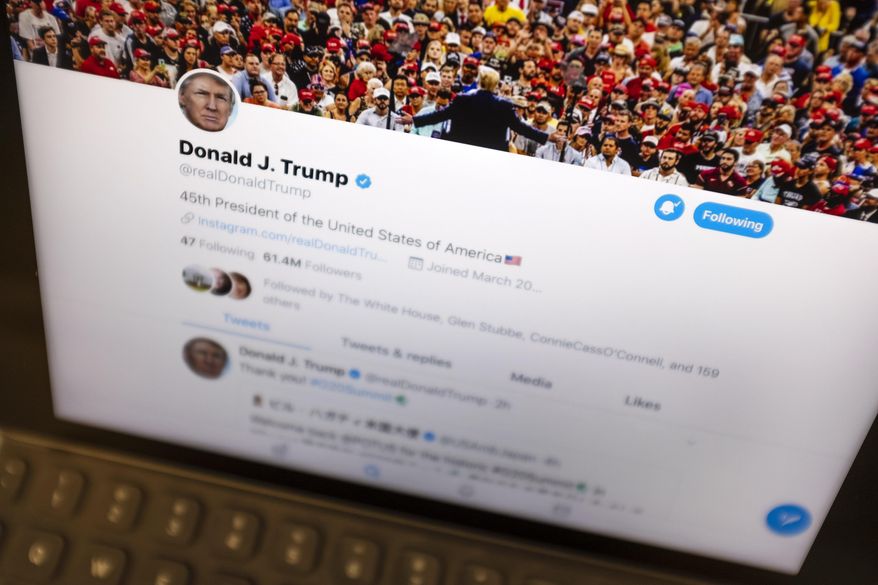 This June 27, 2019, file photo President Donald Trump's Twitter feed is photographed on an Apple iPad in New York. (AP Photo/J. David Ake, File)
