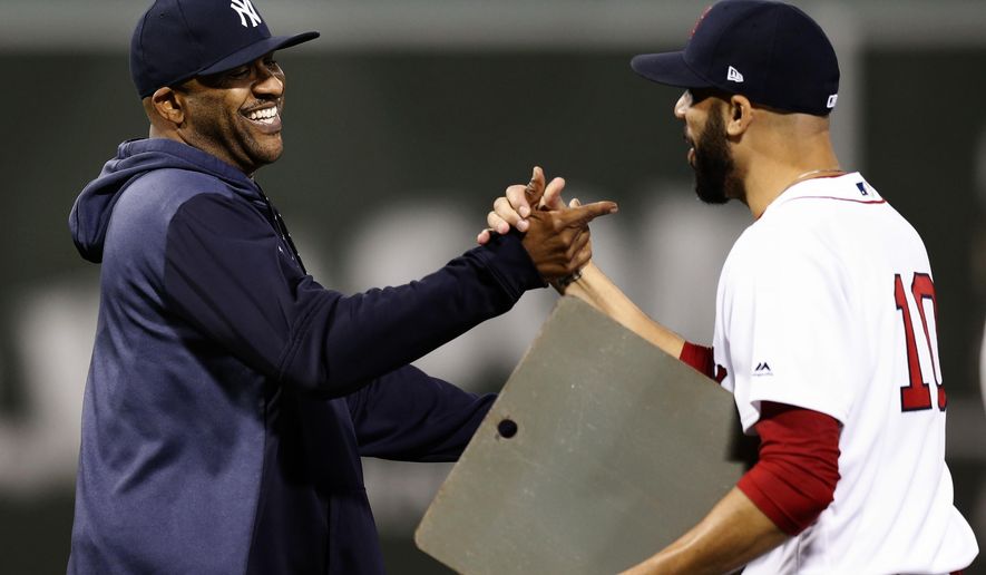 Boston Red Sox&#x27;s David Price (10) greets New York Yankees&#x27; CC Sabathia during a ceremony to honor Sabathia before a baseball game in Boston, Sunday, Sept. 8, 2019. (AP Photo/Michael Dwyer)