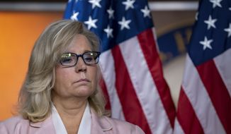 House Republican Conference chair Rep. Liz Cheney, R-Wyo., pauses as she and the GOP leadership speak to reporters following a meeting at the Capitol in Washington, Tuesday, Sept. 10, 2019. (AP Photo/J. Scott Applewhite) ** FILE **