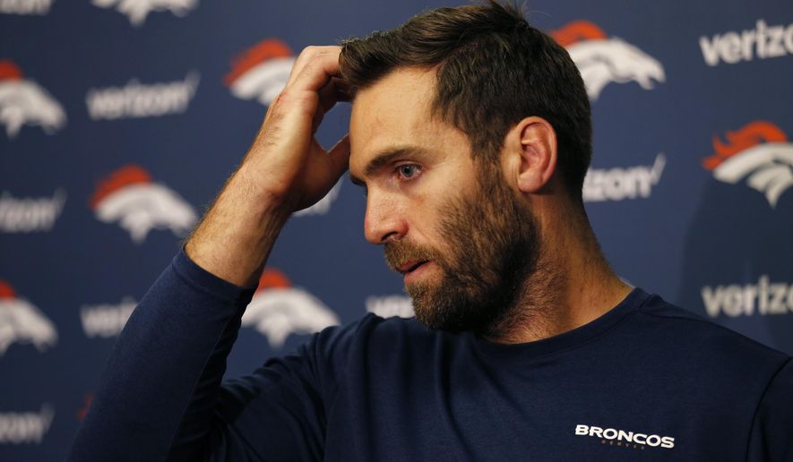 Denver Broncos quarterback Joe Flacco answers questions during a news conference at the end of an NFL football game against the Oakland Raiders Monday, Sept. 9, 2019, in Oakland, Calif. Oakland won the game 24-16. (AP Photo/D. Ross Cameron) ** FILE **