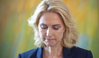 Manuela Schwesig, Governor of the north German state of Mecklenburg-Western Pomerania, addresses the media during a press conference in Schwerin, Germany, Sept. 10, 2019. Schwesig, one of the interim leaders of Germany’s junior governing party, is stepping down after being diagnosed with breast cancer. She said she will keep her other job as governor of Mecklenburg-Western Pomerania state in northeastern Germany but give up her position in the national leadership of the center-left Social Democrats. (Jens Buettner/dpa via AP)