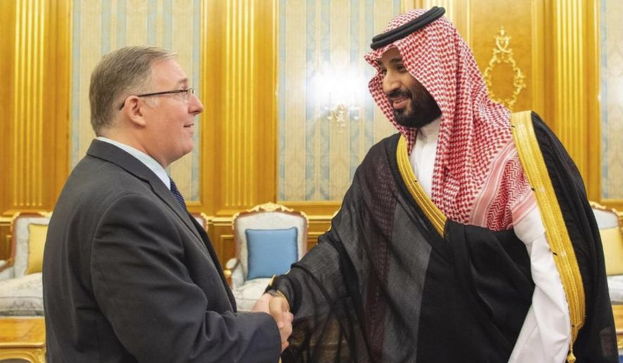 This photo provided by Embassy of the Kingdom of Saudi Arabia , dual U.S.-Israeli national Joel Rosenberg shakes hands with Crown Prince Mohamed bin Salman at a palace in Jiddah, Saudi Arabia, on Tuesday, Sept. 10, 2019.  The Saudi government published photos of the meeting, which took place on Tuesday and was attended by leading American-Christian Zionist leaders, including Rosenberg. The nine-person delegation also includes Rev. Johnnie Moore, a co-chairman of President Donald Trump&#x27;s Evangelical Advisory Council, and Larry Ross, once a longtime spokesman for one of America&#x27;s most well-known evangelicals Billy Graham.  (Embassy of the Kingdom of Saudi Arabia via AP)