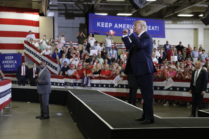 President Donald Trump speaks during a campaign rally at the Crown Expo, Monday, Sept. 9, 2019, in Fayetteville, N.C. (AP Photo/Evan Vucci)