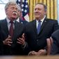 In this Feb. 7, 2019, file photo, from left, National Security Adviser John Bolton, accompanied by Secretary of State Mike Pompeo, and President Donald Trump, speaks before Trump signs a National Security Presidential Memorandum to launch the &amp;quot;Women&#39;s Global Development and Prosperity&amp;quot; Initiative in the Oval Office of the White House in Washington. (AP Photo/Andrew Harnik) ** FILE **