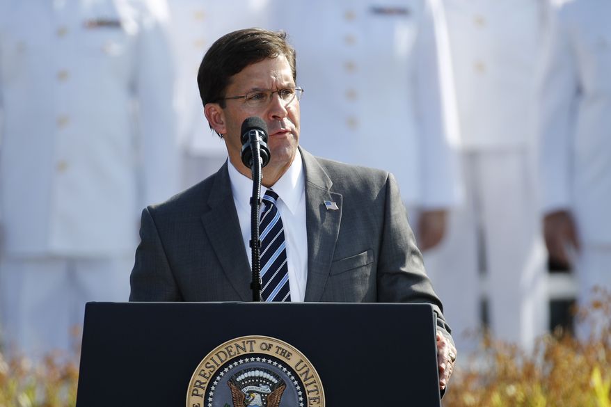 Defense Secretary Mark Esper speaks during a ceremony in observance of the 18th anniversary of the September 11th attacks at the Pentagon in Washington, Wednesday, Sept. 11, 2019. (AP Photo/Patrick Semansky)