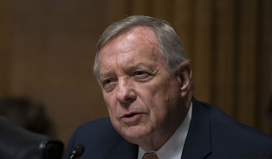 Sen. Dick Durbin, D-Ill., questions White House lawyer Steven Menashi, President Donald Trump&#39;s nominee for U.S. Court of Appeals for the 2nd Circuit, during his confirmation hearing before the Senate Judiciary Committee, on Capitol Hill in Washington, Wednesday, Sept. 11, 2019. Menashi&#39;s guarded responses were frustrating at times to both Democrats and Republicans on the Judiciary panel. (AP Photo/J. Scott Applewhite) ** FILE **