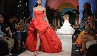 Fashion from the Oscar de la Renta collection is modeled Tuesday, Sept. 10, 2019, during Fashion Week in New York. (AP Photo/Frank Franklin II)