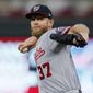 Washington Nationals pitcher Stephen Strasburg throws to a Minnesota Twins batter during the first inning of a baseball game Wednesday, Sept. 11, 2019, in Minneapolis. (AP Photo/Jim Mone) ** FILE **
