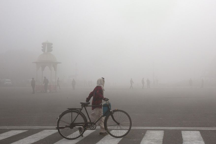 FILE - This Jan. 18, 2019 file photo shows a cyclist amidst morning smog in New Delhi, India. Beth Gardiner’s new book “Choked” documents how air pollution is responsible for seven million premature deaths around the world. (AP Photo/Manish Swarup, File)