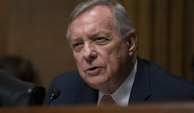 In this file photo, Sen. Dick Durbin, D-Ill., questions White House lawyer Steven Menashi, President Donald Trump&#x27;s nominee for U.S. Court of Appeals for the 2nd Circuit, during his confirmation hearing before the Senate Judiciary Committee, on Capitol Hill in Washington, Wednesday, Sept. 11, 2019.  (AP Photo/J. Scott Applewhite) **FILE**