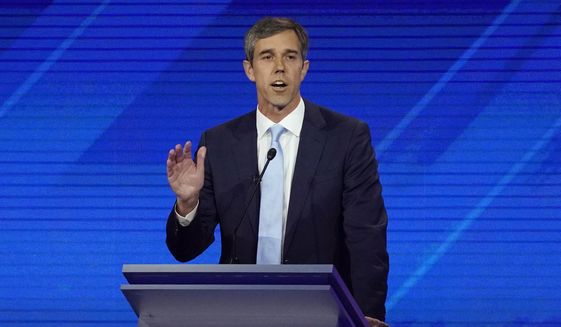 Democratic presidential candidate former Texas Rep. Beto O&#39;Rourke answers a question Thursday, Sept. 12, 2019, during a Democratic presidential primary debate hosted by ABC at Texas Southern University in Houston. (AP Photo/David J. Phillip)
