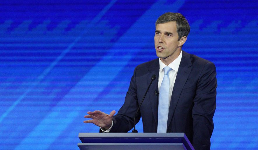 Democratic presidential candidate former U.S. Rep. Beto O&#39;Rourke gives his closing statement Thursday, Sept. 12, 2019, during a Democratic presidential primary debate hosted by ABC at Texas Southern University in Houston. (AP Photo/David J. Phillip)