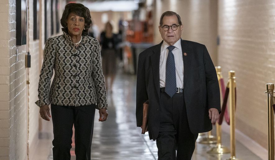 House Financial Services Committee Chairwoman Maxine Waters, D-Calif., left, and House Judiciary Committee Chairman Jerrold Nadler, D-N.Y., arrive for a gathering of the Democratic Caucus as Congress returns for the fall session, at the Capitol in Washington, Tuesday, Sept. 10, 2019. Nadler says his committee will move forward with impeachment hearings this fall, bolstered by lawmakers on the panel who roundly support moving forward. (AP Photo/J. Scott Applewhite)