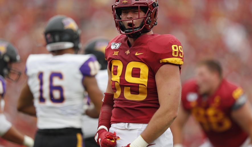 Iowa State tight end Dylan Soehner celebrates a first down during the first half of an NCAA college football game against Northern Iowa, Saturday, Aug. 31, 2019, in Ames. (AP Photo/Matthew Putney)