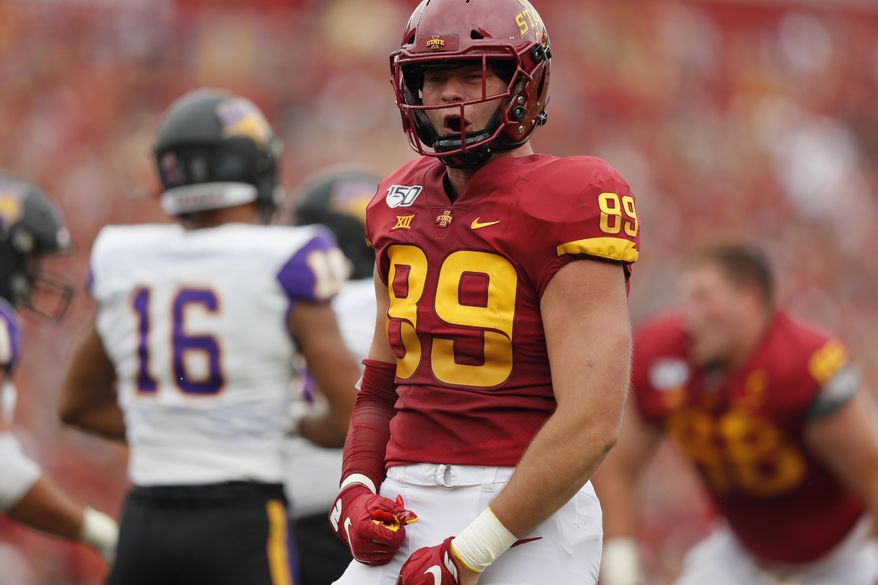 Iowa State tight end Dylan Soehner celebrates a first down during the first half of an NCAA college football game against Northern Iowa, Saturday, Aug. 31, 2019, in Ames. (AP Photo/Matthew Putney)